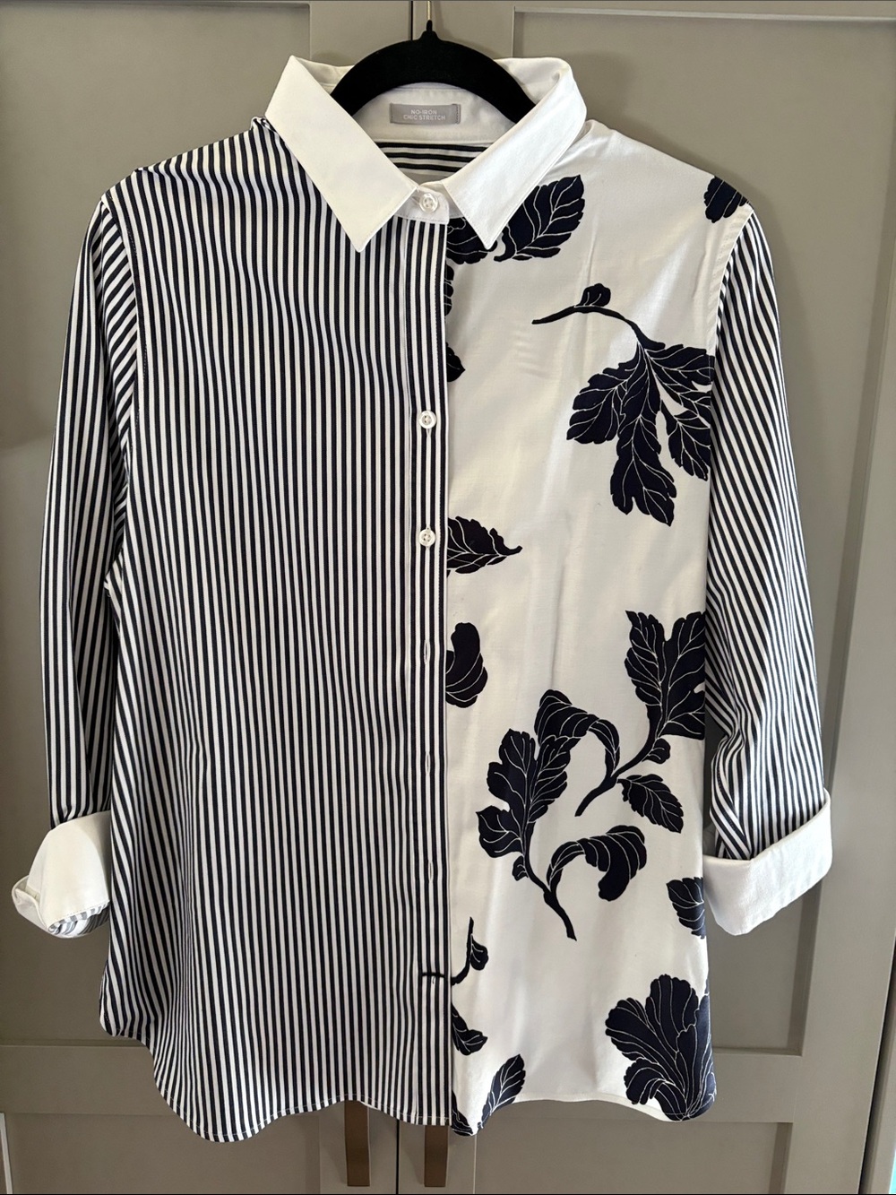 Chico's Navy & White Mixed Stripe Floral Button-Up Shirt